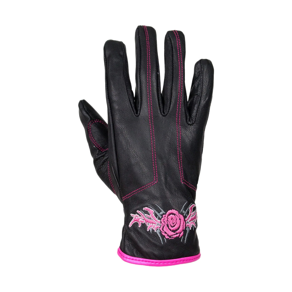 Pink-Rose Graphic Embroidered Leather Gloves