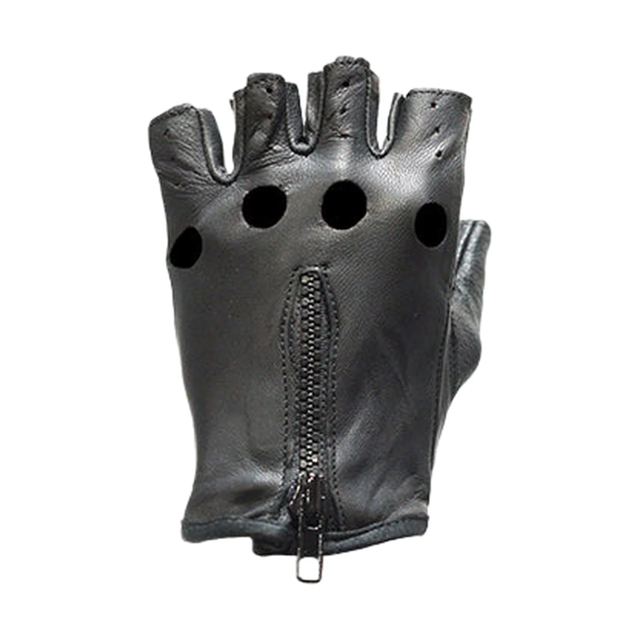 Fingerless Leather Riding Gloves Genuine With Gel Palm Air Vents Zipper Closure