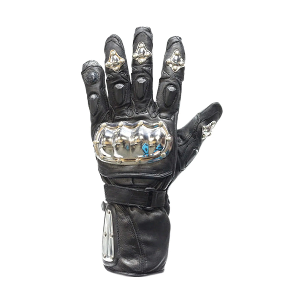 Motorcycle Gloves Double Velcro Strap Leather Metal Knuckle Protector