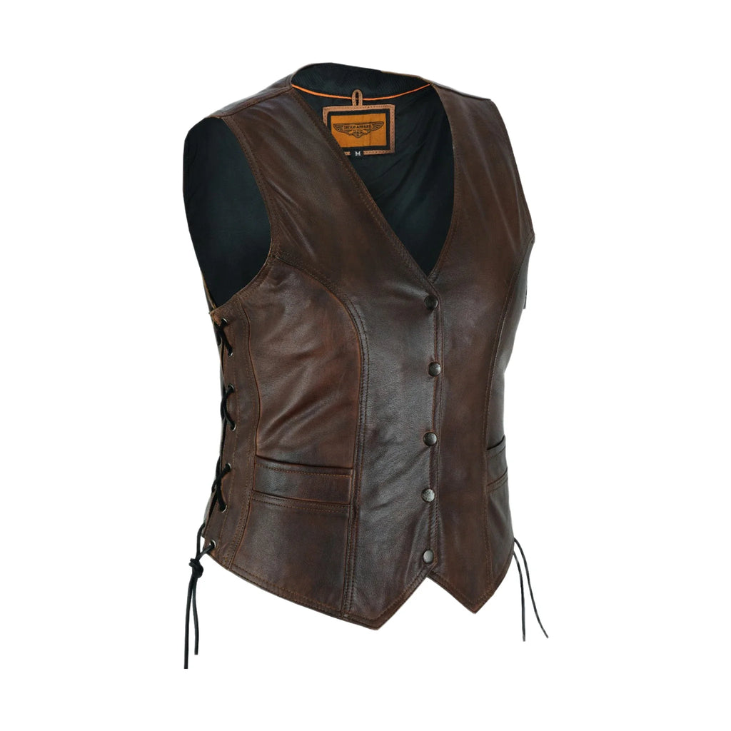 Womens Brown Cowhide Leather Motorcycle Vest Dream Apparel Side Laces Snap Front