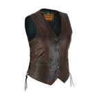Womens Brown Cowhide Leather Motorcycle Vest Dream Apparel Side Laces Snap Front
