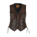 Womens Brown Cowhide Leather Motorcycle Vest Side Laces