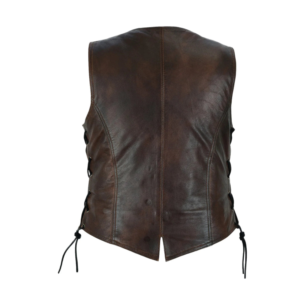 Womens Brown Cowhide Leather Motorcycle Vest Side Laces