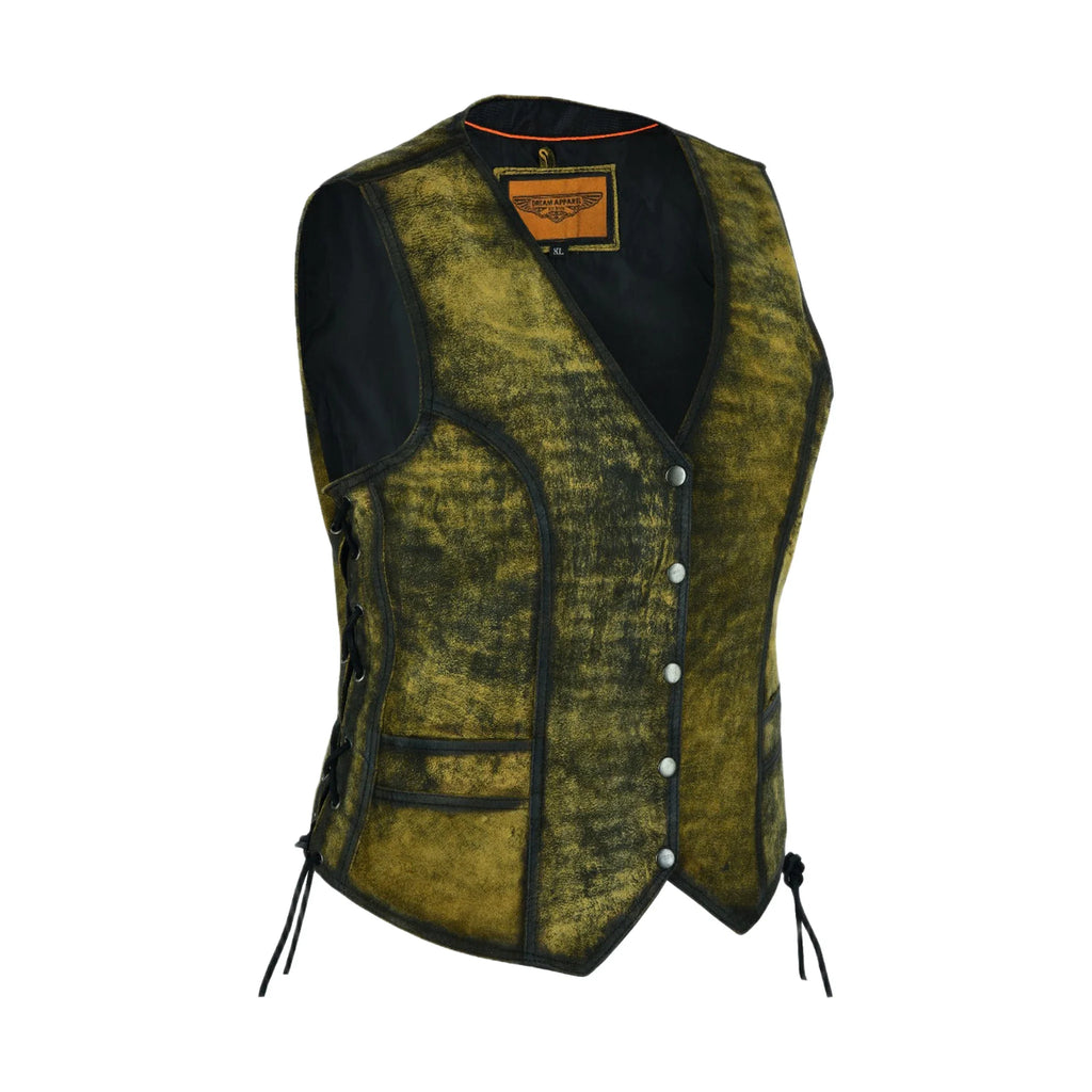 Womens Longer Cut Rub-Off Brown Leather Motorcycle Vest Dream Apparel Soft Touch