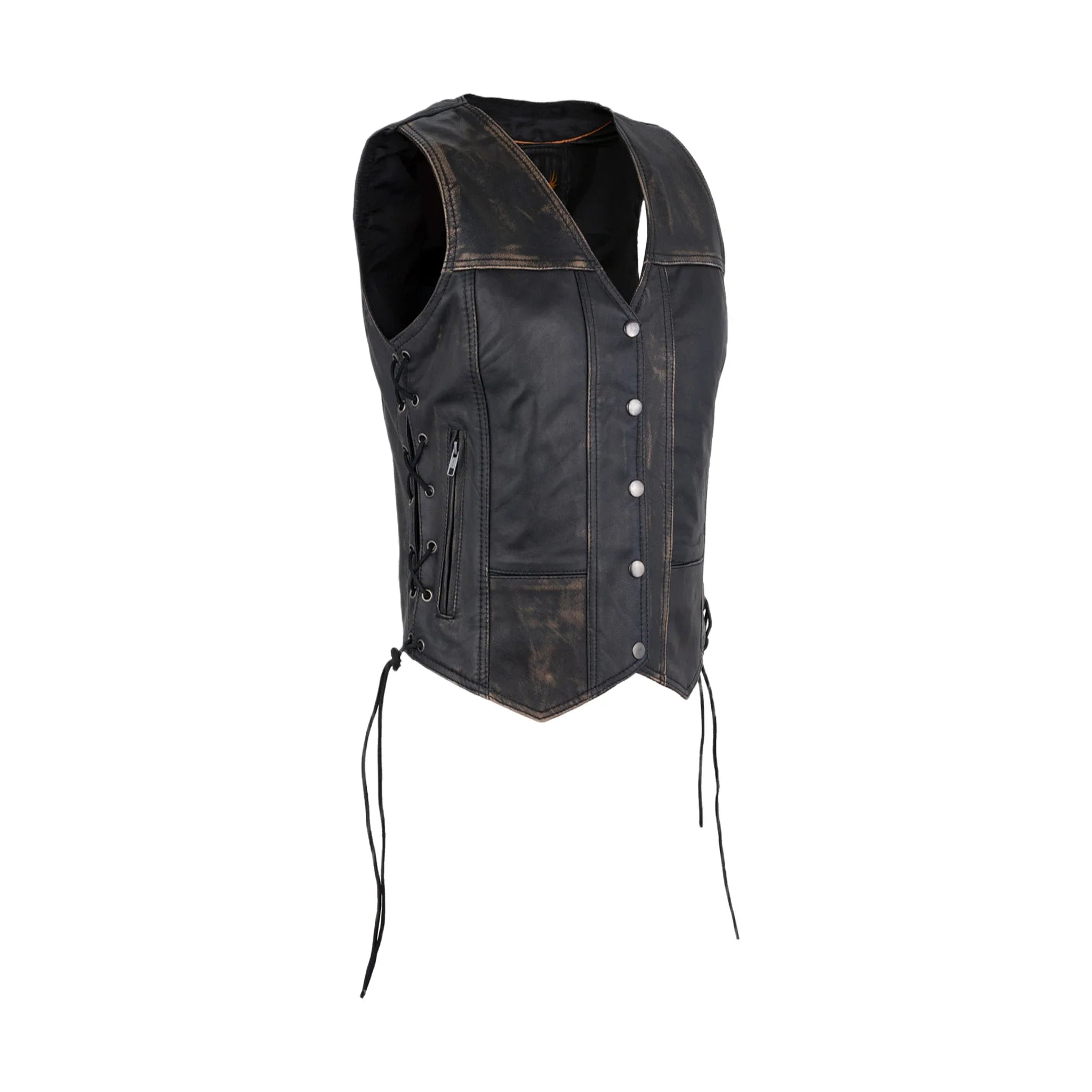 Womens Distressed Brown Naked Cowhide Leather Vest Adjustable Fit Concealed Pockets