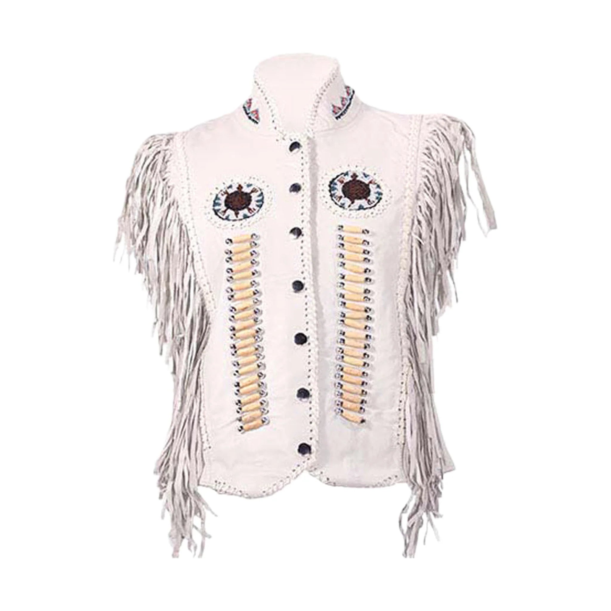 Womens Genuine Leather Snap Up Vest Bones Beads Beadwork Fringe Off White