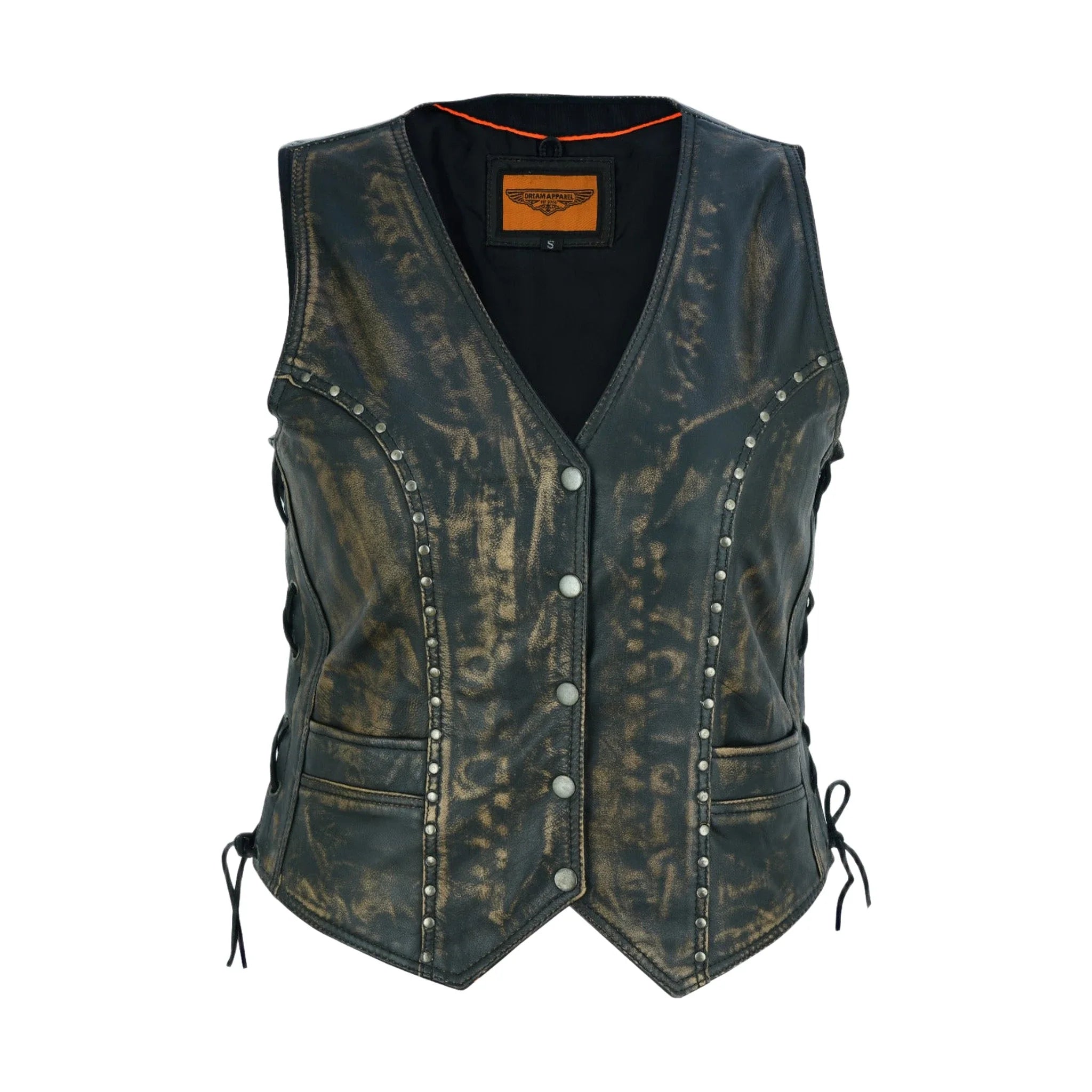 Women's Brown Studded Leather Vest Genuine Soft Touch Cowhide Adjustable Fit
