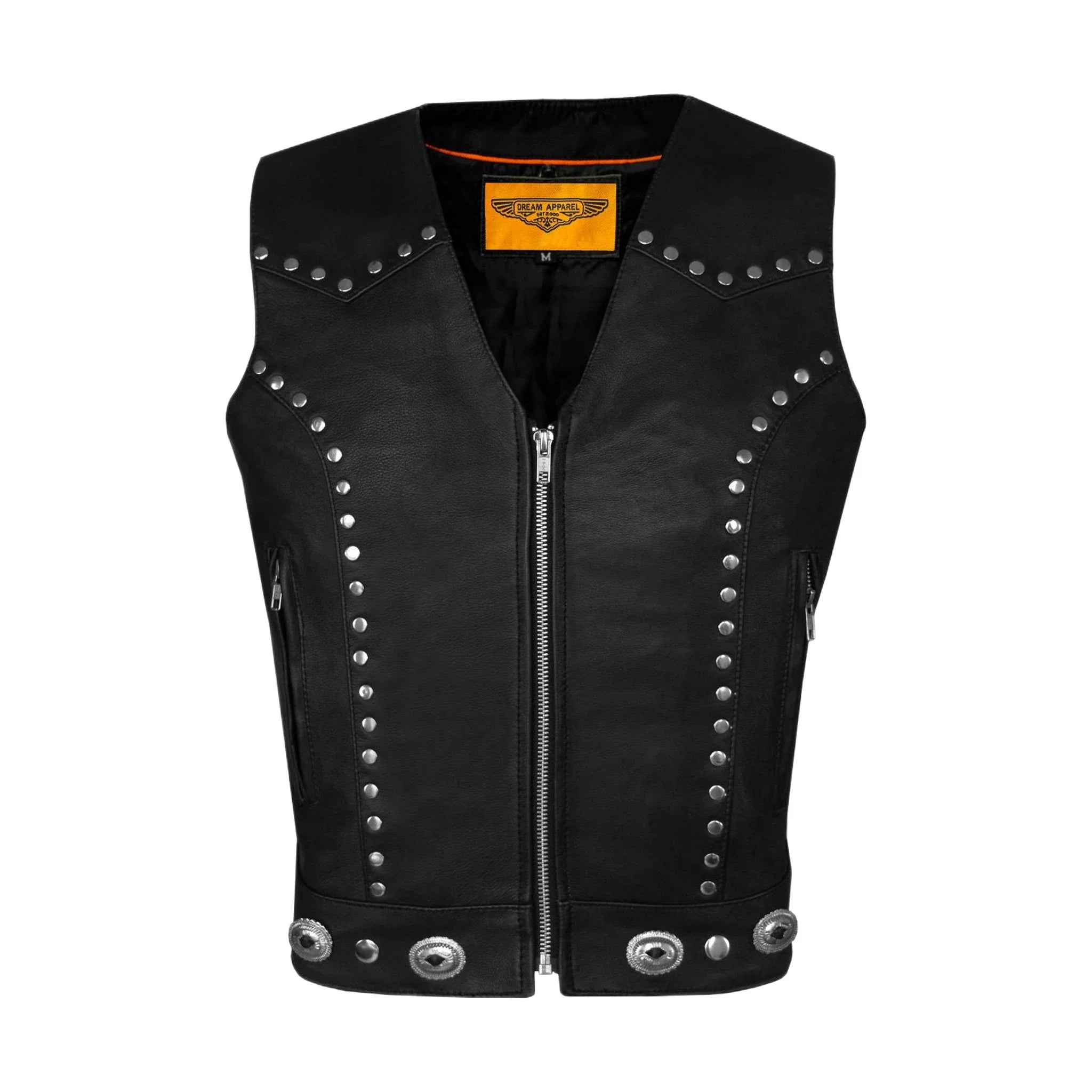 Dream Apparel Womens Studded Decorative Conchos Leather Motorcycle Vest With Concealed Pockets