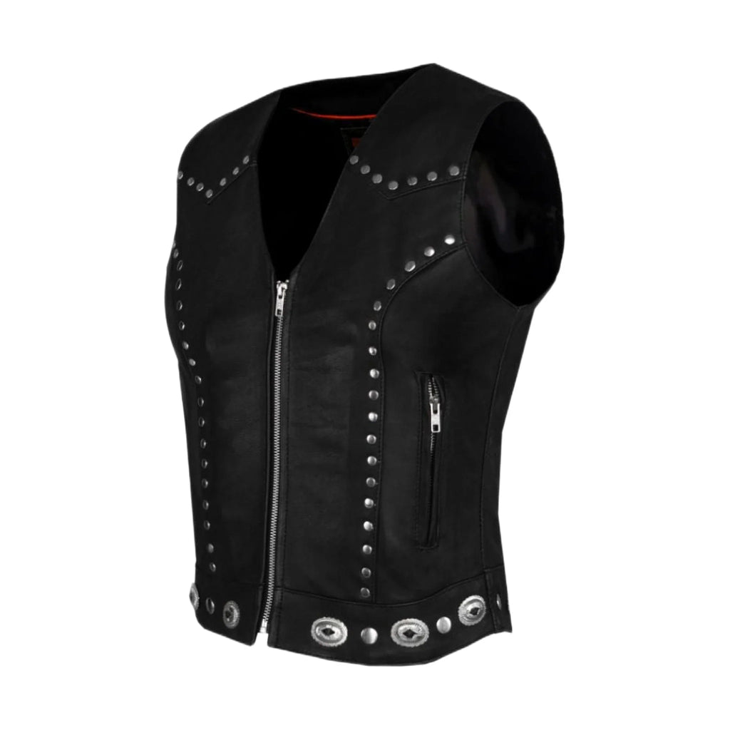 Dream Apparel Womens Studded Decorative Conchos Leather Motorcycle Vest With Concealed Pockets