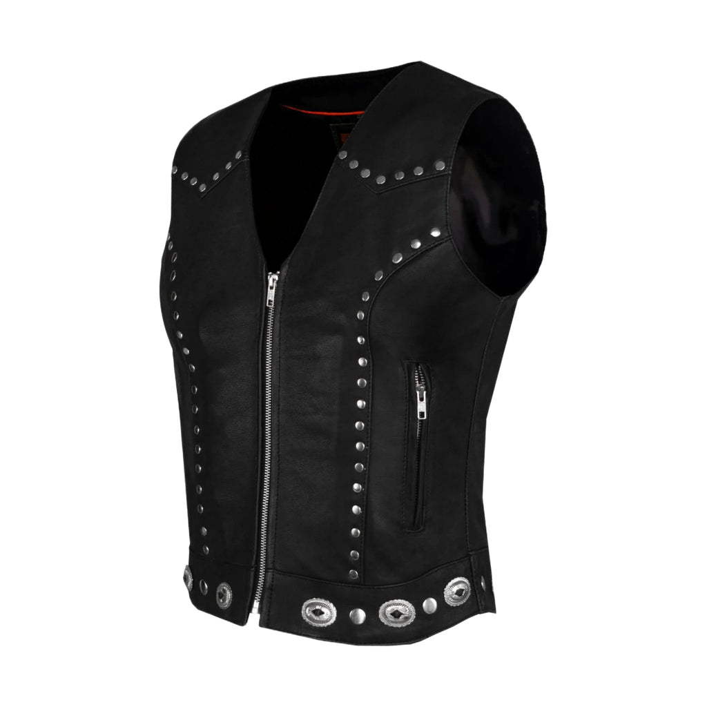 Dream Apparel Womens Leather Motorcycle Vest Studded Conchos Concealed Pockets