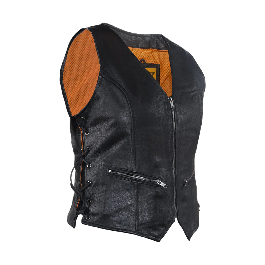 Womens Leather Motorcycle Vest Genuine Cowhide Zip Up Concealed Carry Pockets