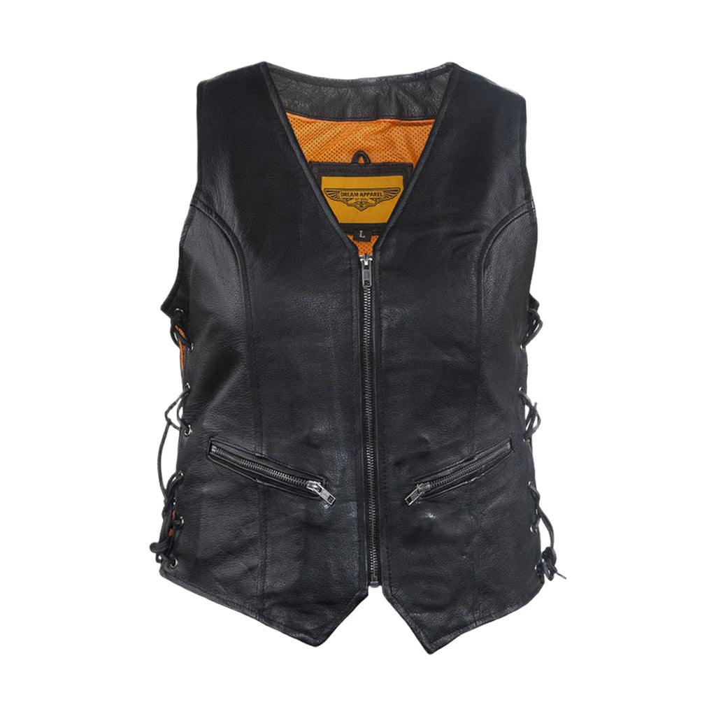 Dream Apparel Womens Leather Motorcycle  Zip Up Leather Vest With Concealed Carry