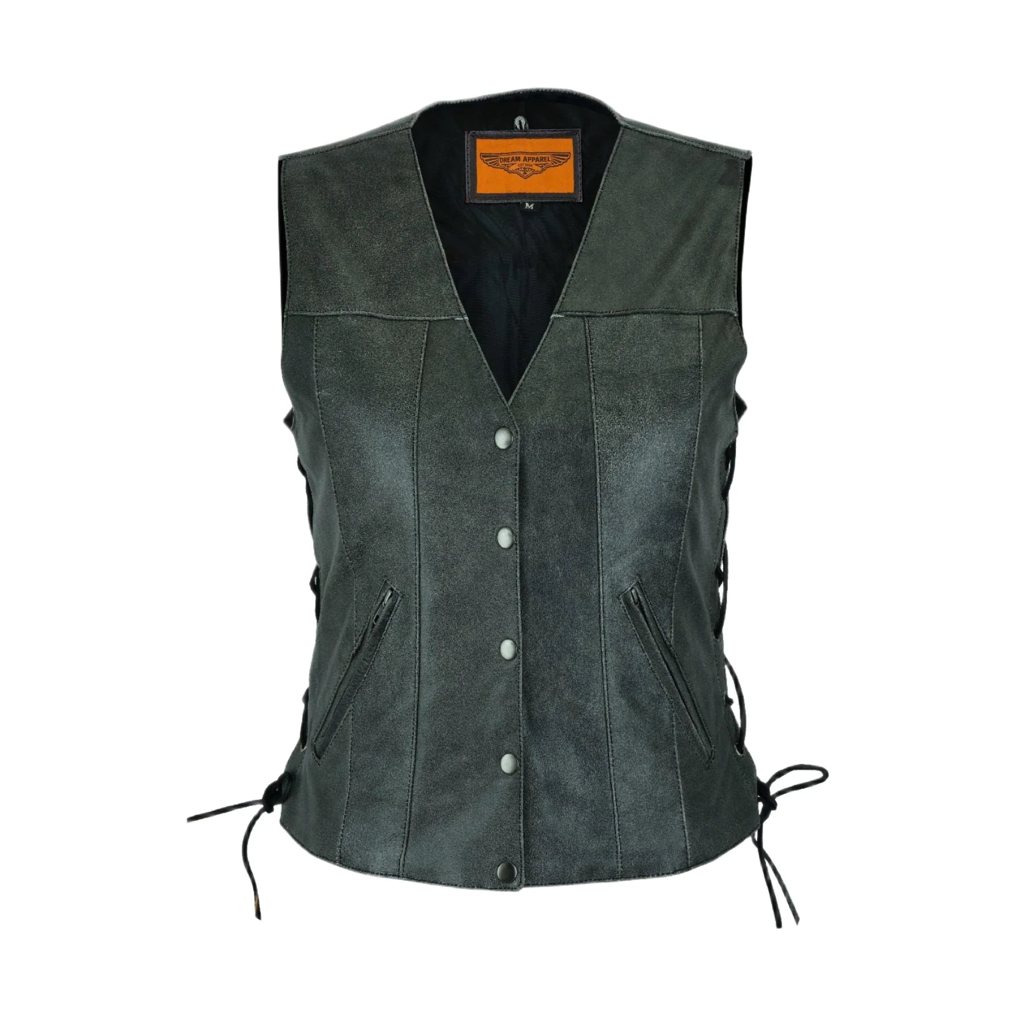 Women Vest Dream Apparel Grey Leather Side Laces Concealed Pockets Adjustable Fit