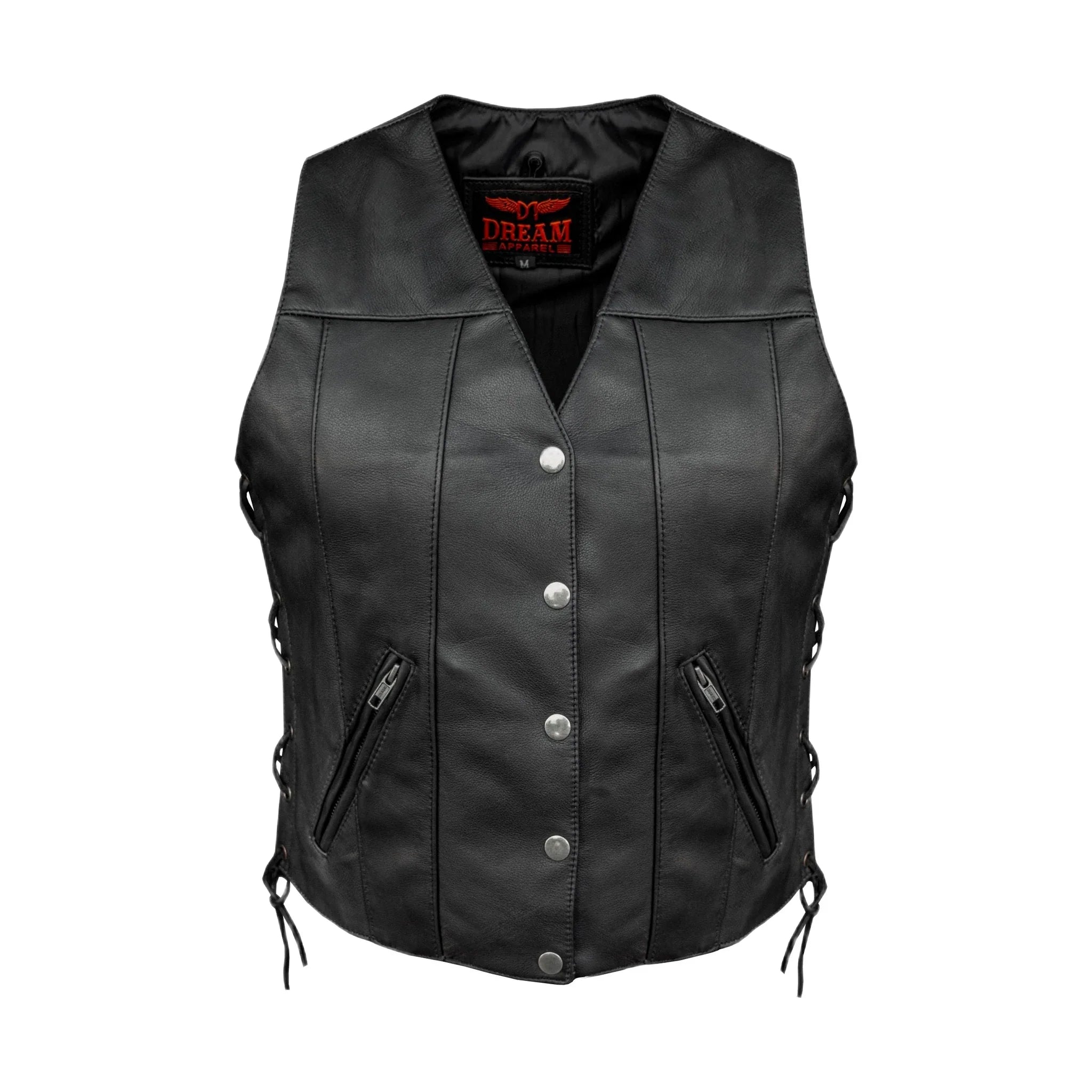 Dream Apparel Womens Motorcycle Leather Vest With Concealed Carry Pockets & Side Laces