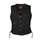Ladies Black Denim, Side Laces 5 Snap Front Denim Vest