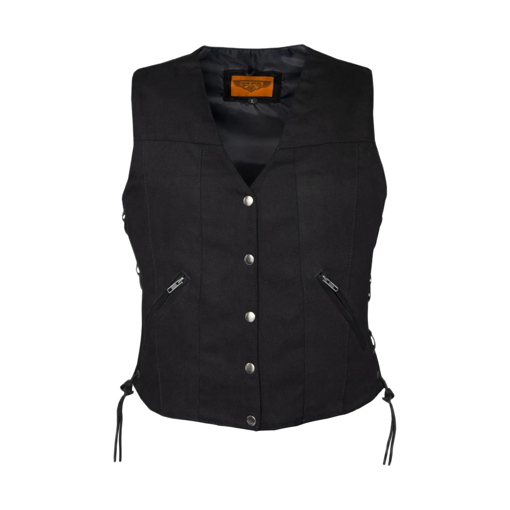 Ladies Black Denim, Side Laces 5 Snap Front Denim Vest