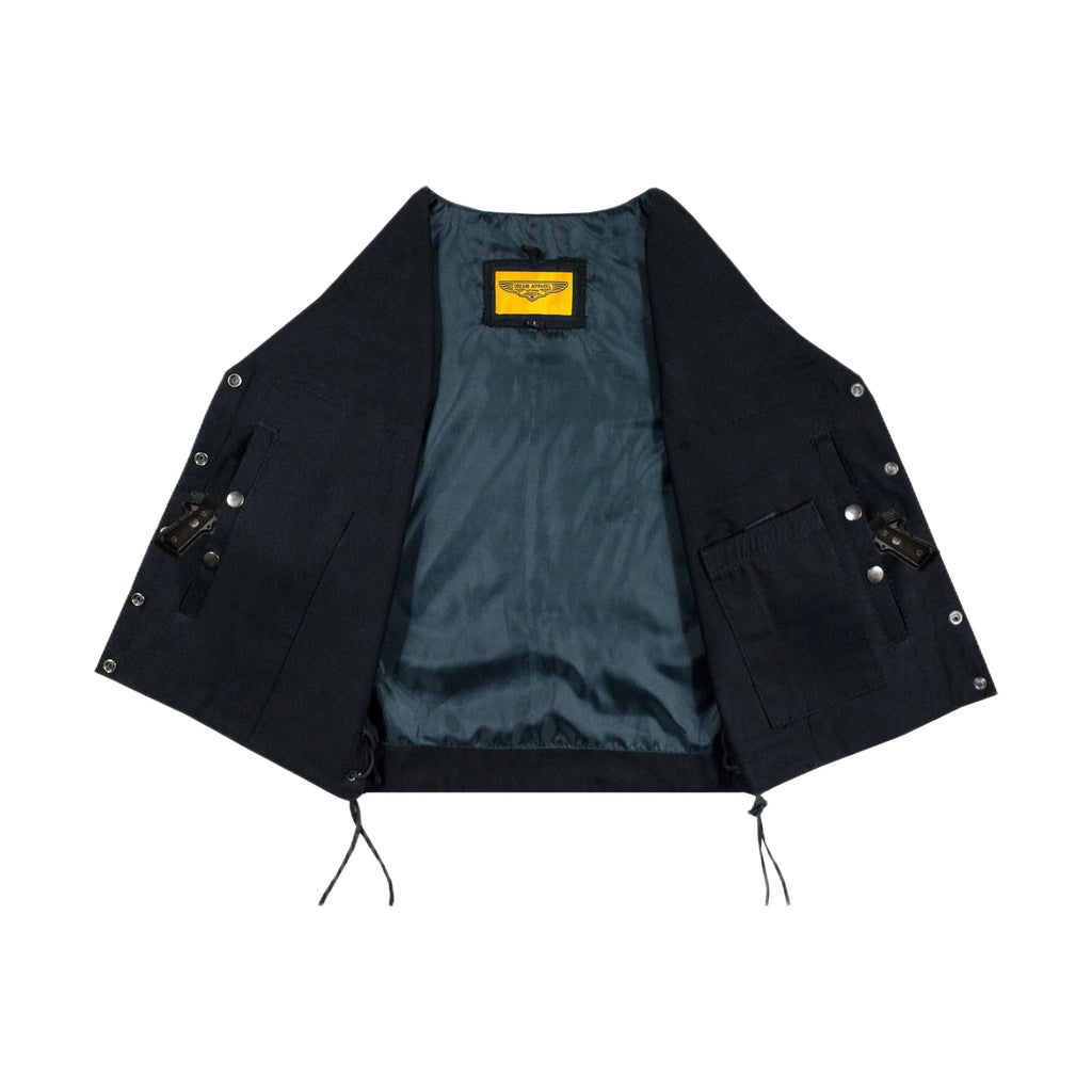 Ladies Black Denim, Side Laces 5 Snap Front Denim Vest