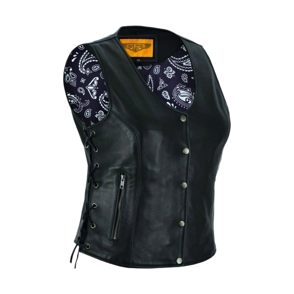 Women Leather Biker Vest Dream Apparel Purple Paisley Lining Conceal Pockets