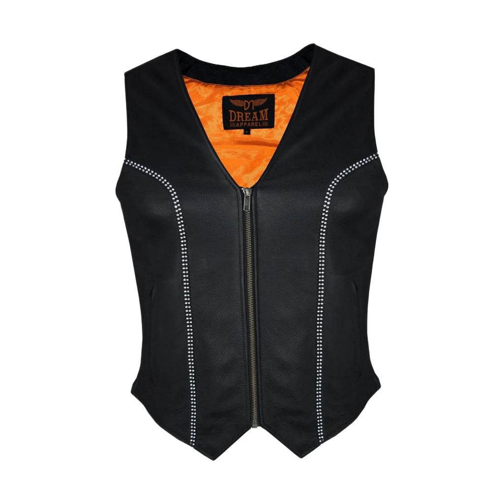 Women Zipper Front Vest with Bling, Side Zipper, Conceal Carry Pockets, Naked Cowhide Leather