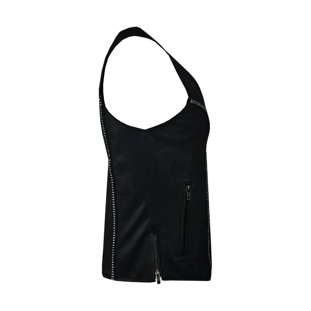 Women Zipper Front Vest with Bling, Side Zipper, Conceal Carry Pockets, Naked Cowhide Leather