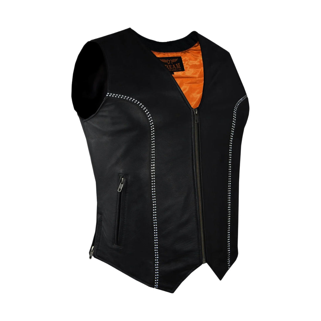 Women Zipper Front Vest Naked Cowhide Leather Bling Conceal Carry Pockets