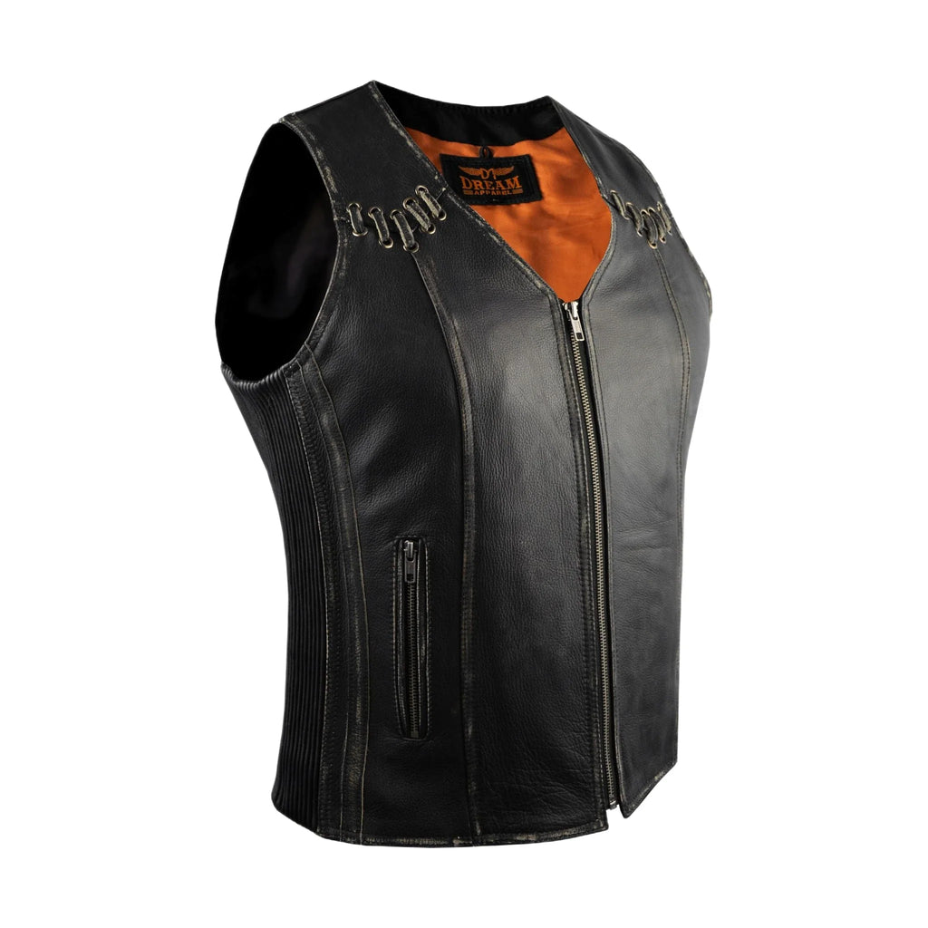 Women Zipper Vest Naked Cowhide Leather Conceal Carry Pockets Stretch Sides