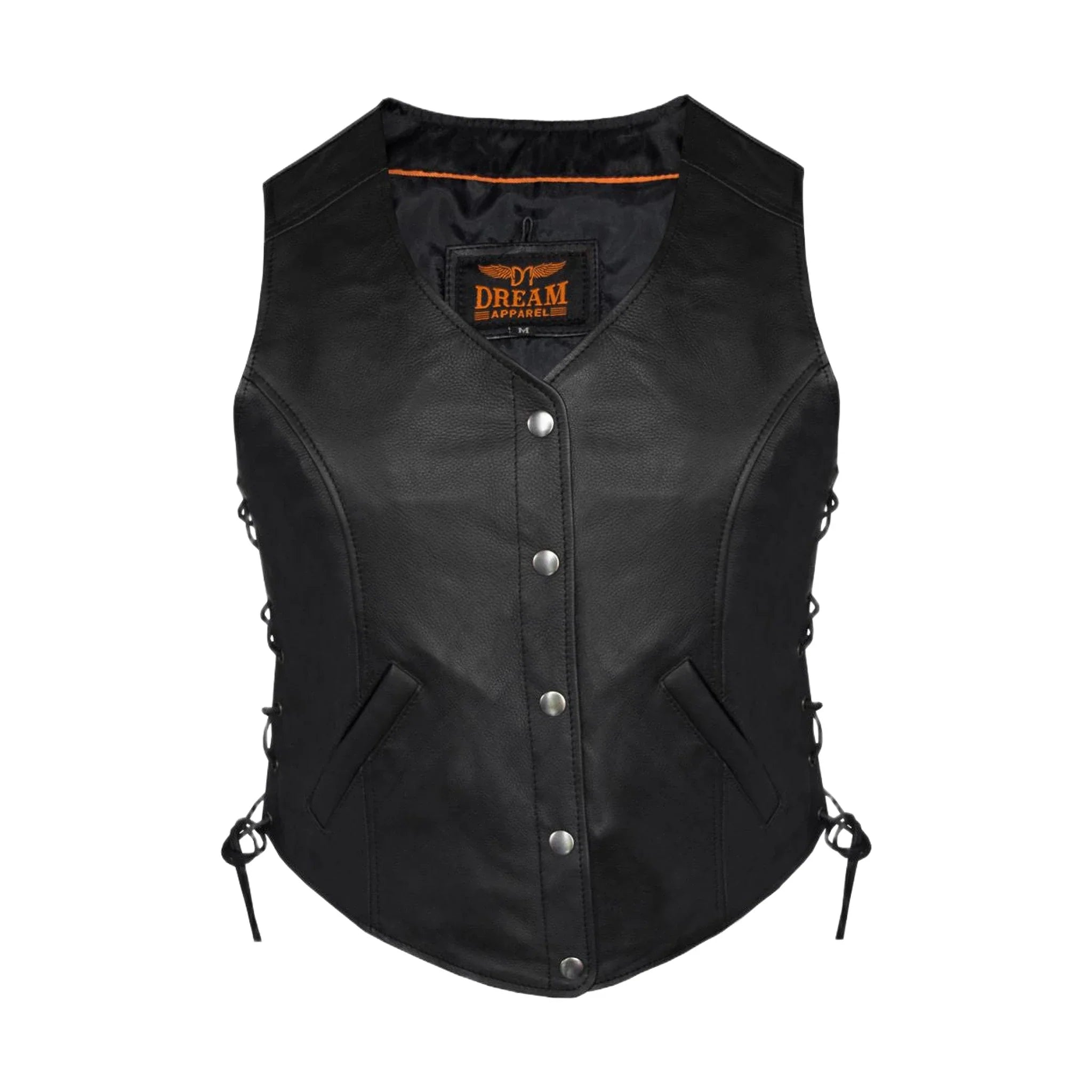 Women Plain Vest Side Laces, Long with 5-Snap Front, Conceal Carry Pockets, Premium Cowhide Leather