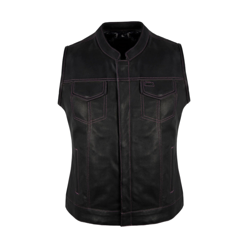 Ladies Motorcycle Leather CLUB VEST Premium Cowhide Leather Purple Thread, Purple Paisley Lining