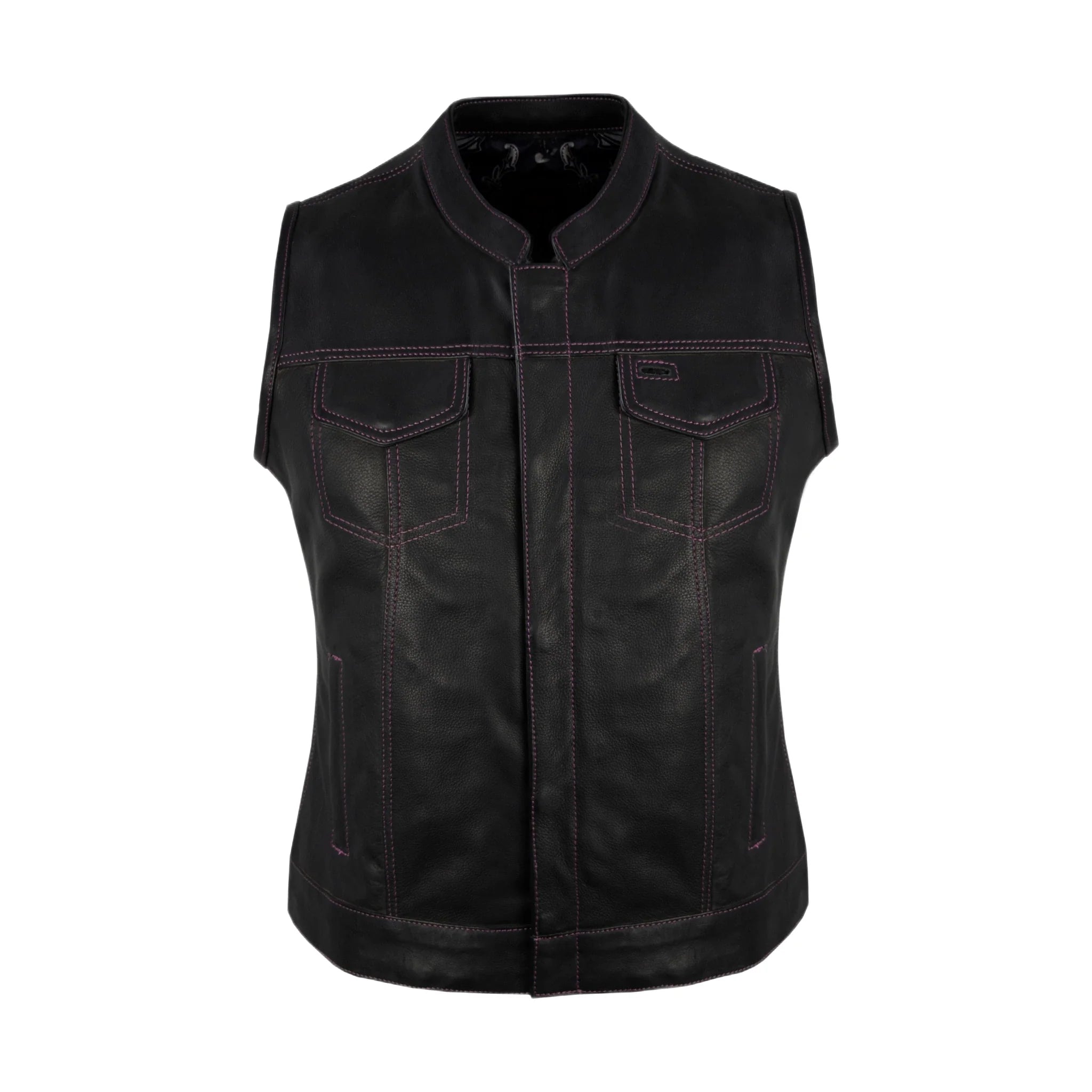 Ladies Motorcycle Leather CLUB VEST Premium Cowhide Leather Purple Thread, Purple Paisley Lining