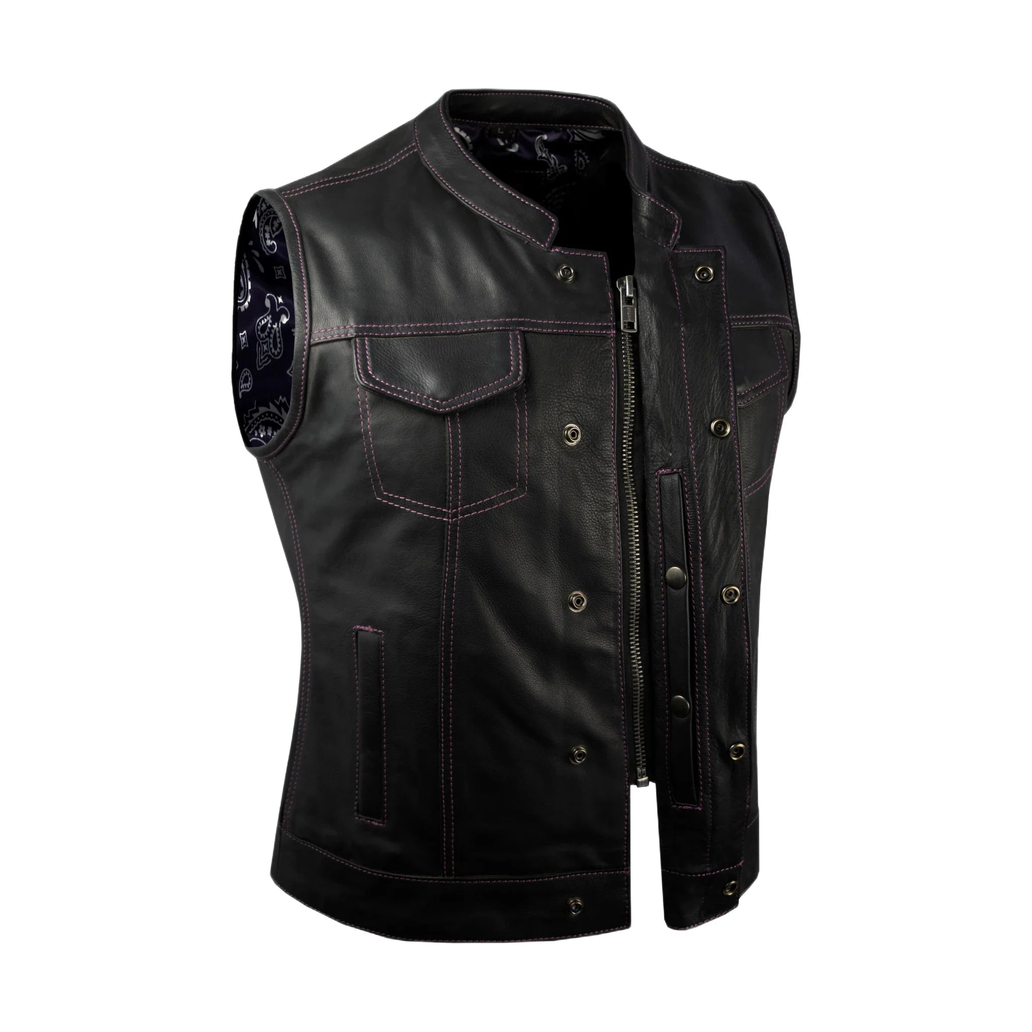 Ladies Motorcycle Leather CLUB VEST Premium Cowhide Leather Purple Thread, Purple Paisley Lining