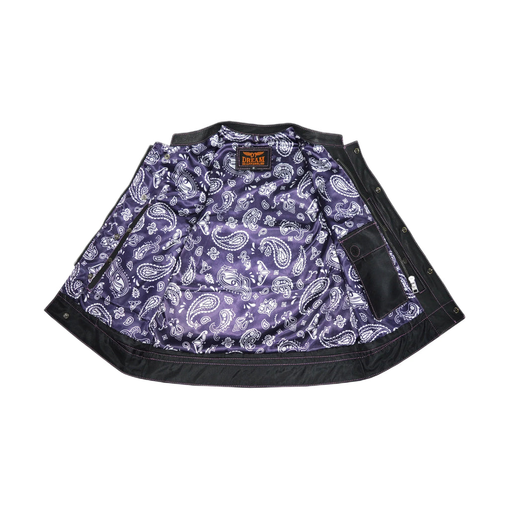 Ladies Motorcycle Leather CLUB VEST Premium Cowhide Leather Purple Thread, Purple Paisley Lining
