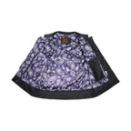 Ladies Motorcycle Leather CLUB VEST Premium Cowhide Leather Purple Thread, Purple Paisley Lining