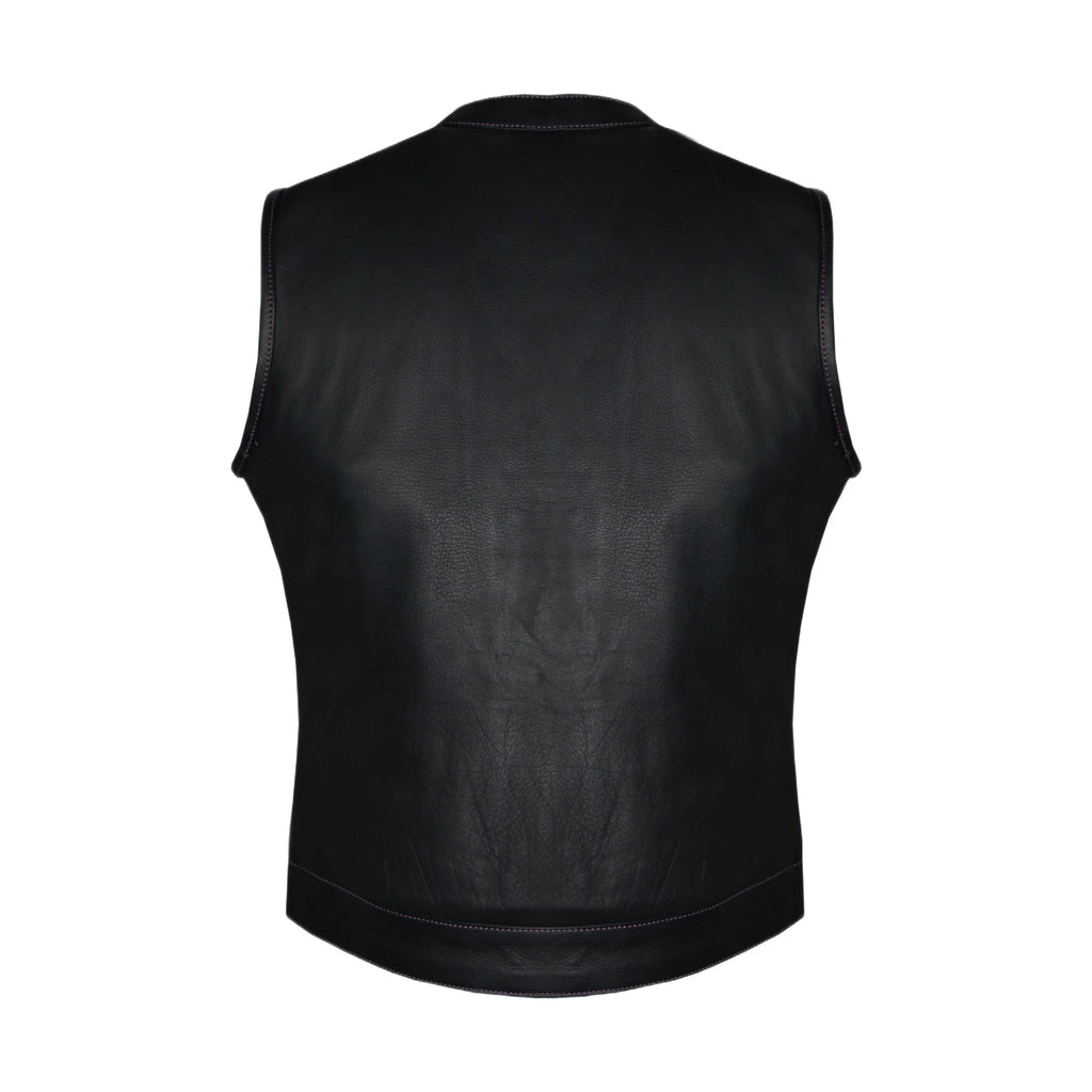 Ladies Motorcycle Leather CLUB VEST Premium Cowhide Leather Purple Thread, Purple Paisley Lining