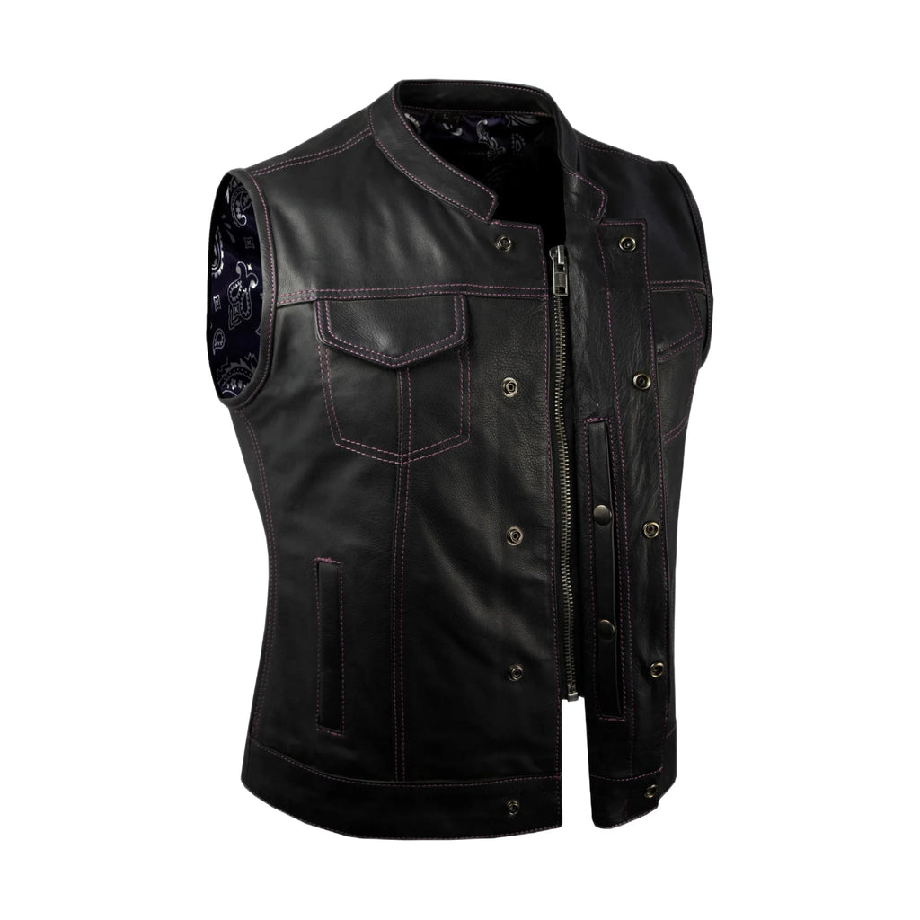 Dream Apparel Ladies Motorcycle Leather CLUB VEST Purple Thread, Purple Paisley Lining