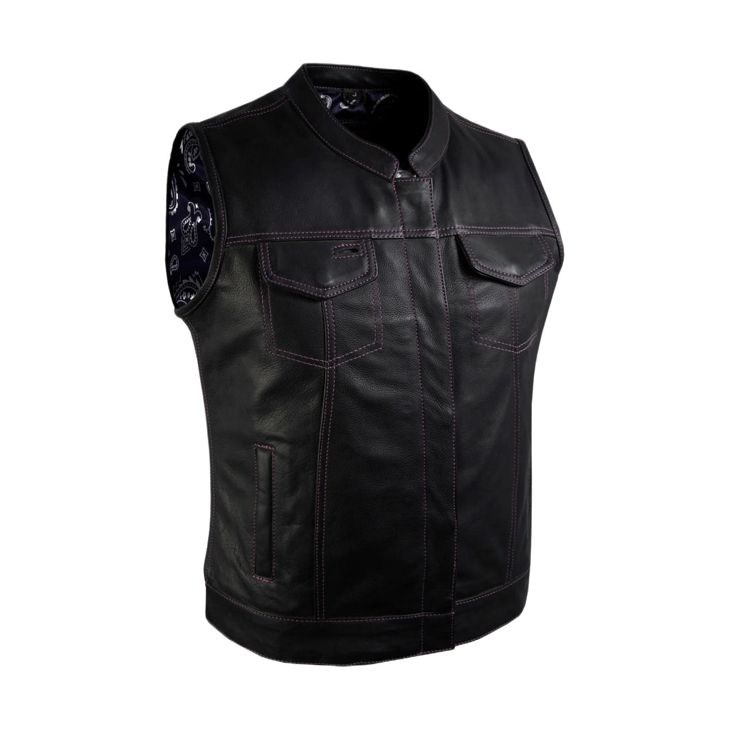Ladies Motorcycle Leather Club Vest Dream Apparel Purple Thread Paisley Lining