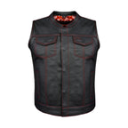 Ladies Motorcycle Leather CLUB VEST Premium Cowhide Leather Red Thread, Red Paisley Lining