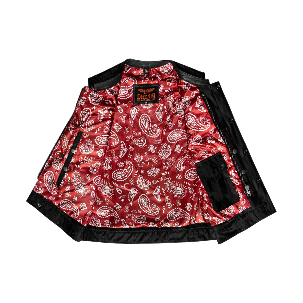 Ladies Motorcycle Leather CLUB VEST Premium Cowhide Leather Red Thread, Red Paisley Lining