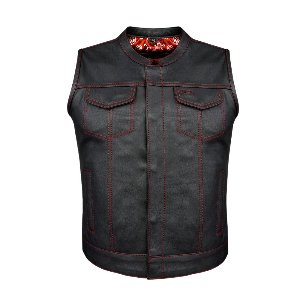 Women Motorcycle Leather CLUB VEST Premium Cowhide Leather Red Thread, Red Paisley Lining