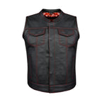 Women Motorcycle Leather CLUB VEST Premium Cowhide Leather Red Thread, Red Paisley Lining