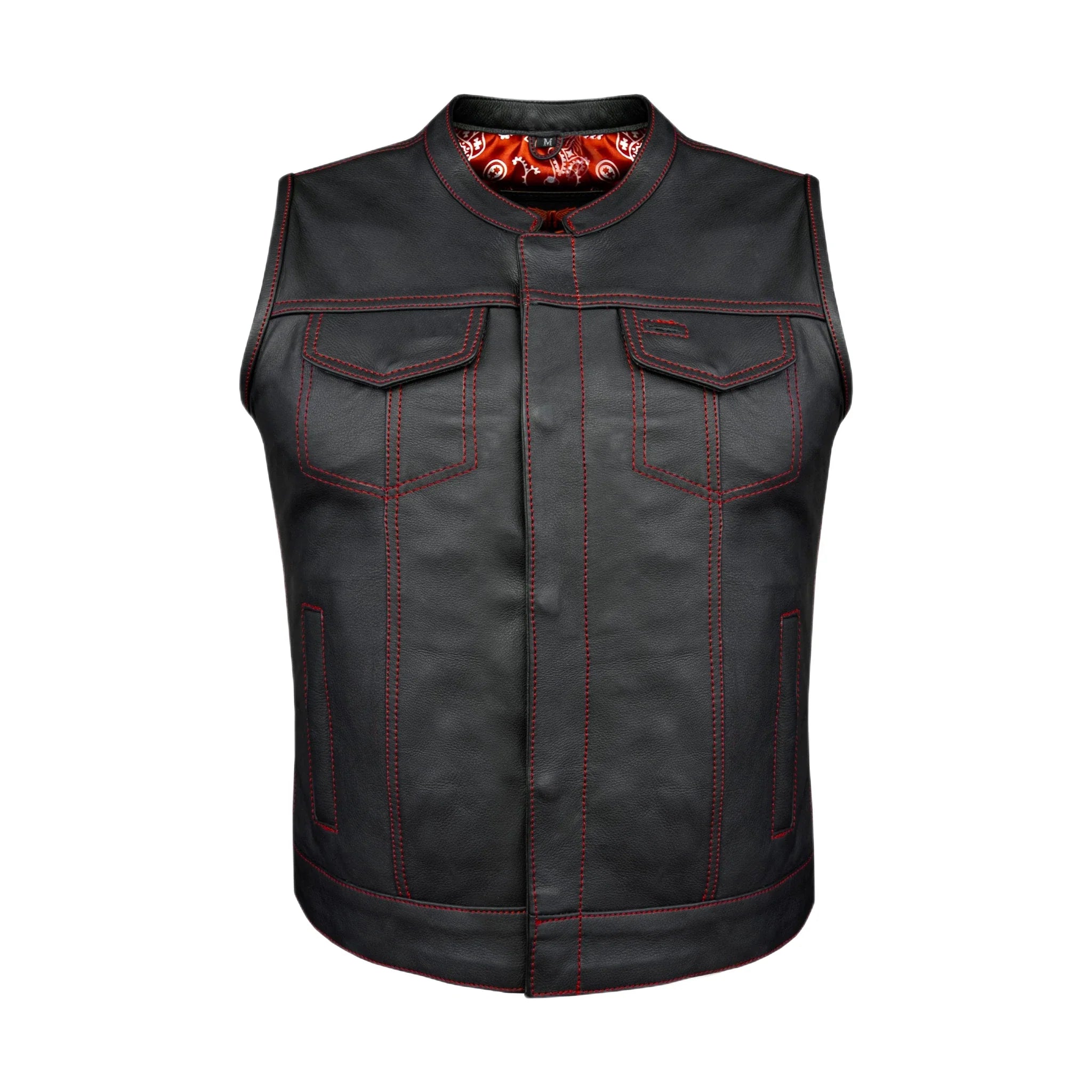 Women Motorcycle Leather CLUB VEST Premium Cowhide Leather Red Thread, Red Paisley Lining