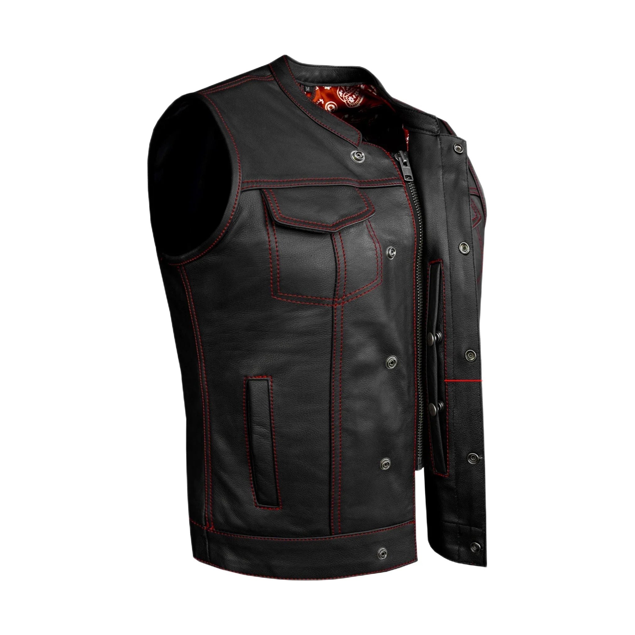 Women Motorcycle Leather CLUB VEST Premium Cowhide Leather Red Thread, Red Paisley Lining