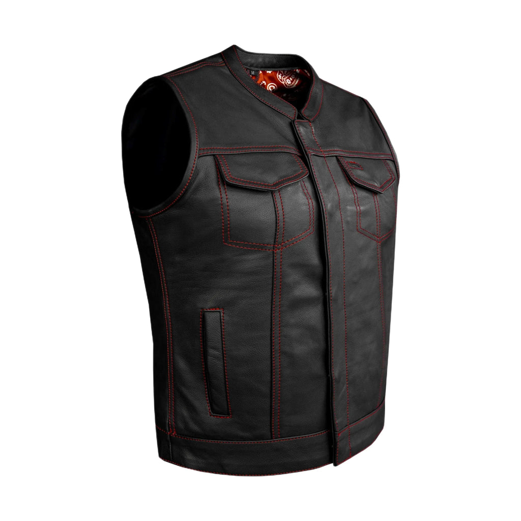 Women Motorcycle Leather Club Vest Premium Cowhide Red Thread Red Paisley Lining