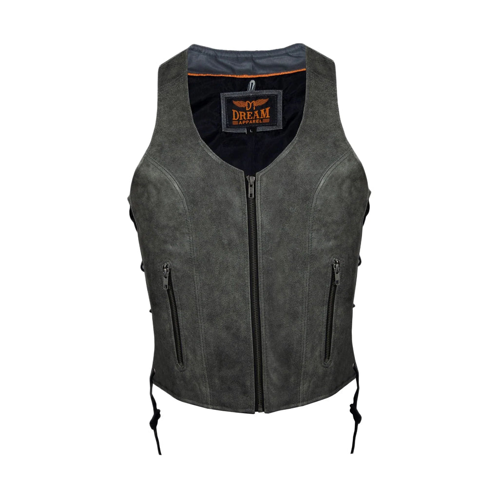 Women Grey Zipper Front Vest Side Laces, Conceal Carry Pockets, Premium Cowhide Leather