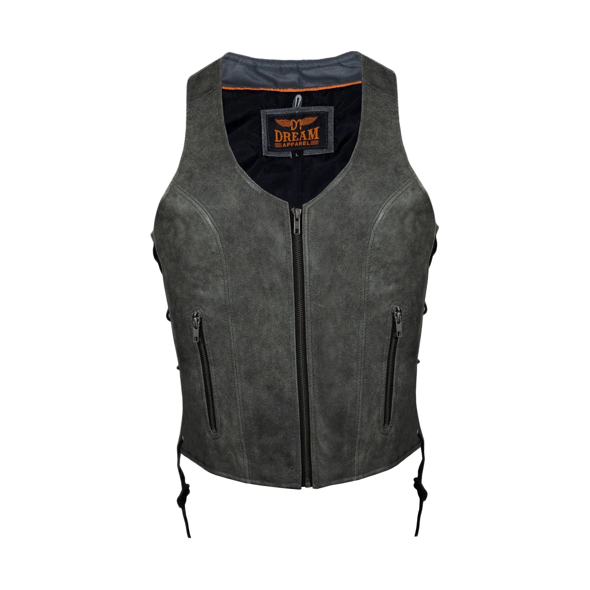 Women Grey Zipper Front Vest Side Laces, Conceal Carry Pockets, Premium Cowhide Leather