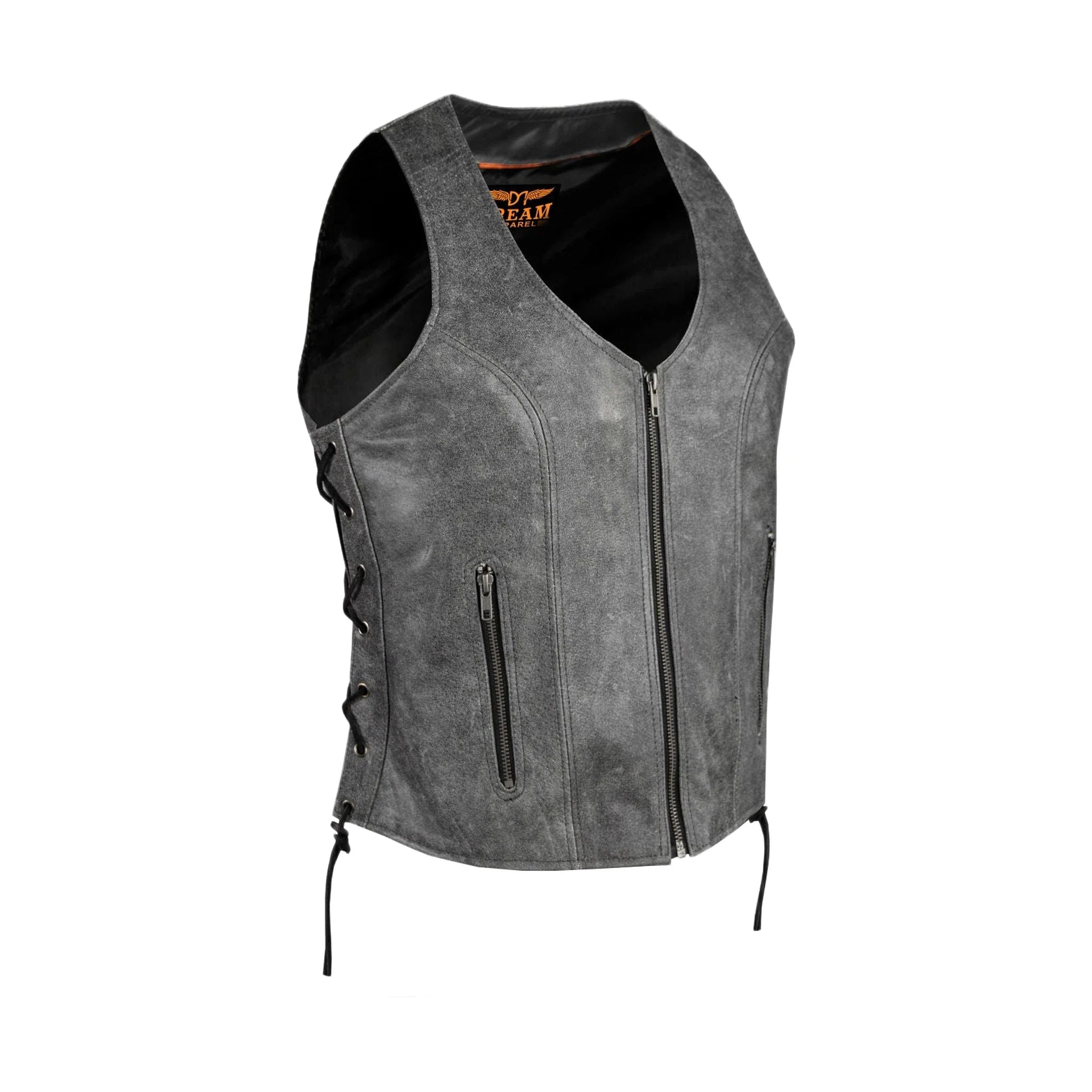 Women Grey Cowhide Leather Vest Zipper Front Side Laces Conceal Carry Pockets