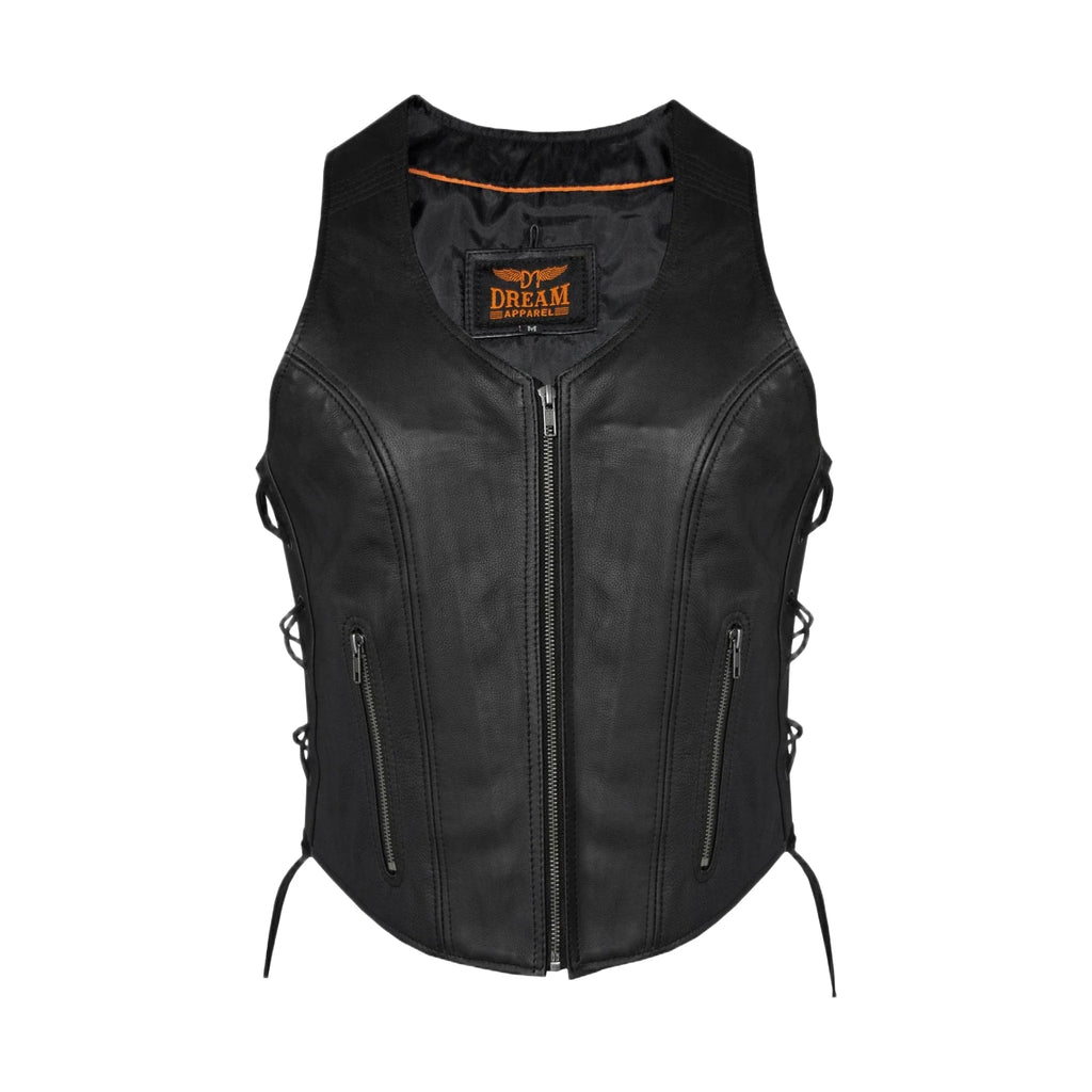 Women Zipper Front Vest Side Laces, Conceal Carry Pockets, Premium Cowhide Leather