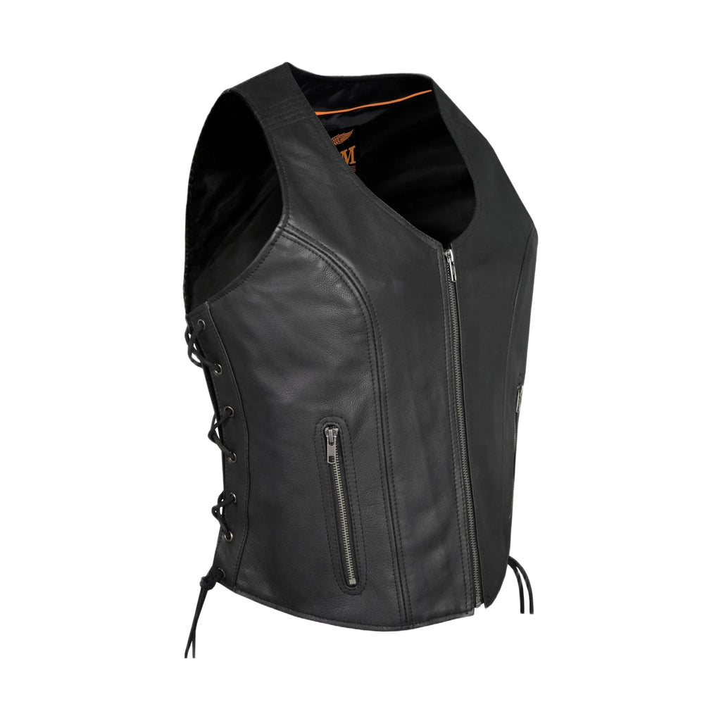 Women Leather Vest Premium Cowhide Zipper Front Side Laces Conceal Carry Pockets
