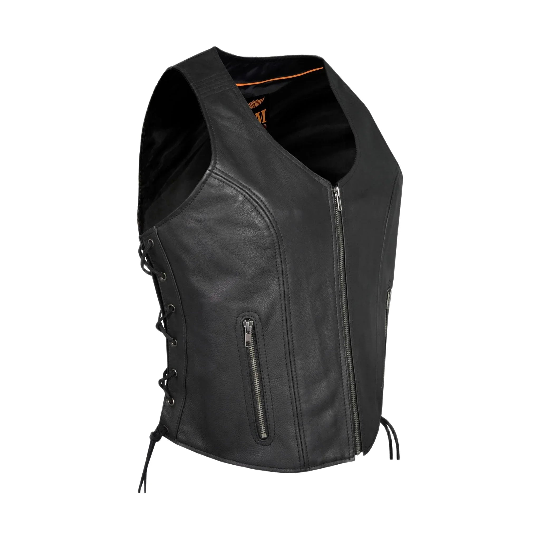 Women Leather Vest Premium Cowhide Zipper Front Side Laces Conceal Carry Pockets
