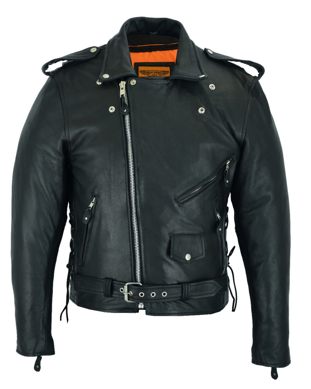 Mens Classic Police Style Motorcycle Jacket Dream Apparel Leather Side Laces Silver Hardware