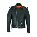 Mens Classic Police Style Motorcycle Leather Jacket Side Laces Silver Hardware